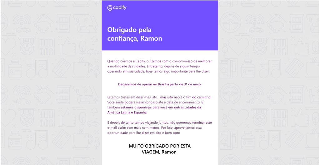 Anúncio do fim das operações enviado por e-mail aos usuários do Cabify (Imagem: Ramon de Souza/Canaltech)