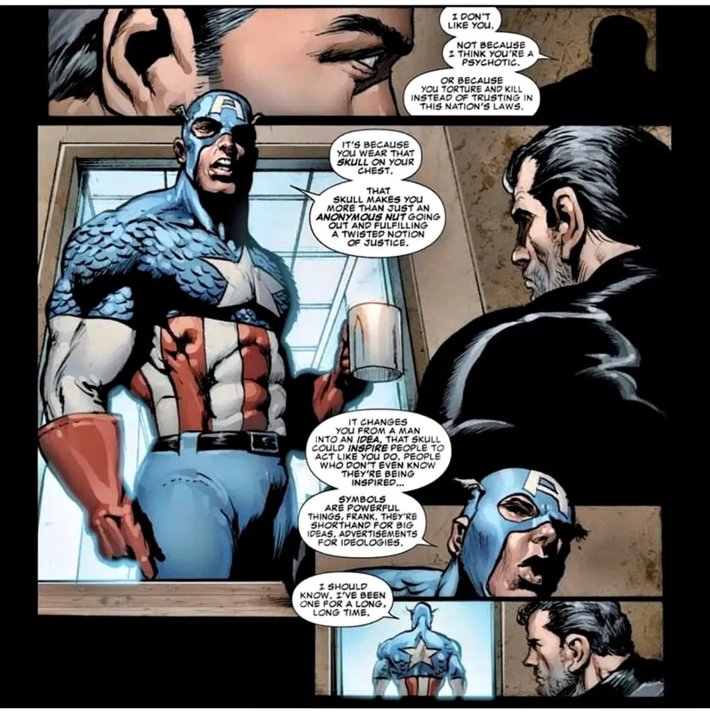 O Justiceiro lembra que o Capitão América já havia avisado que usariam seu símbolo de forma inadequada (Imagem: Reprodução/Marvel Comics)