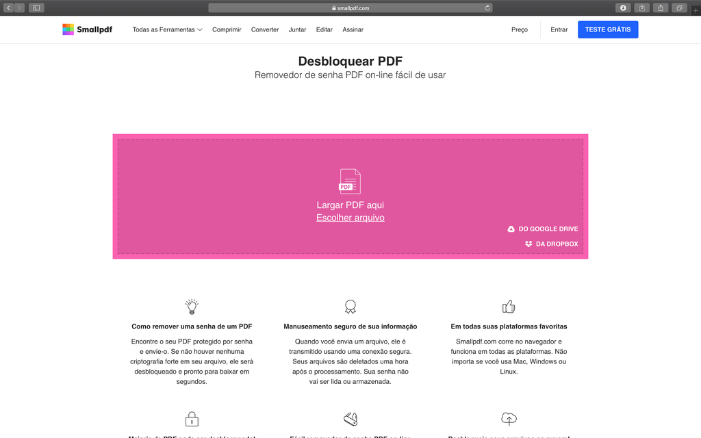 SmallPDF: Removendo senha de arquivo PDF / Captura de tela: Bruno Salutes