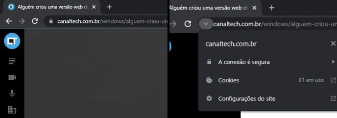 À esquerda, a versão atual do Chrome, com o cadeado; à direita, a nova exibição da conexão segura, escondida no menu da omnibox (Imagem: Igor Almenara/Canaltech)