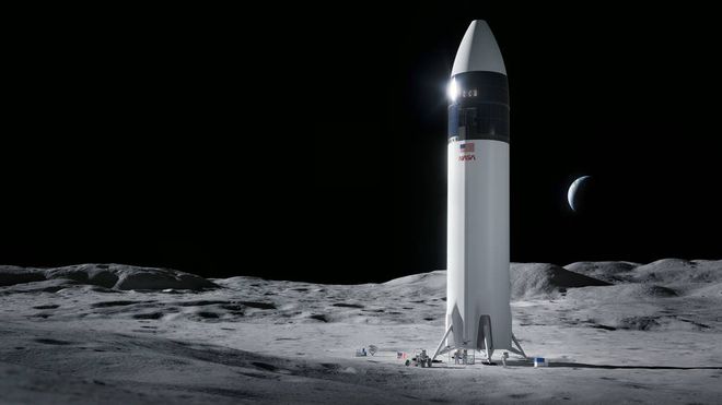 Representação do lander lunar Starship, da SpaceX, conforme proposto para o programa Artemis (Imagem: Reprodução/SpaceX)