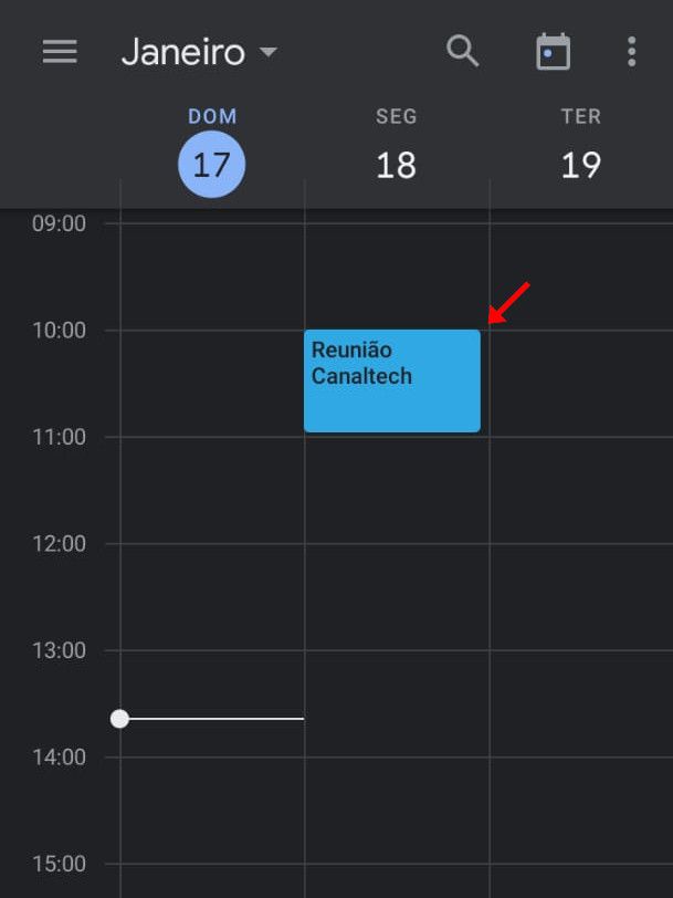 Abra o app do Google Agenda em seu celular e clique na reunião que você quer cancelar (Captura de tela: Matheus Bigogno)