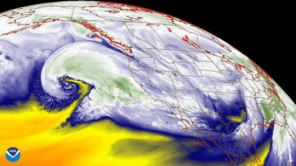 Rio atmosférico interage com zona de baixa pressão no Pacífico para causar fortes chuvas na Califórnia Imagem: Reprodução/NOAA