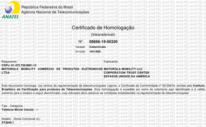 Certificado de homologação do misterioso Motorola XT2045 (Imagem: Reprodução/Anatel)