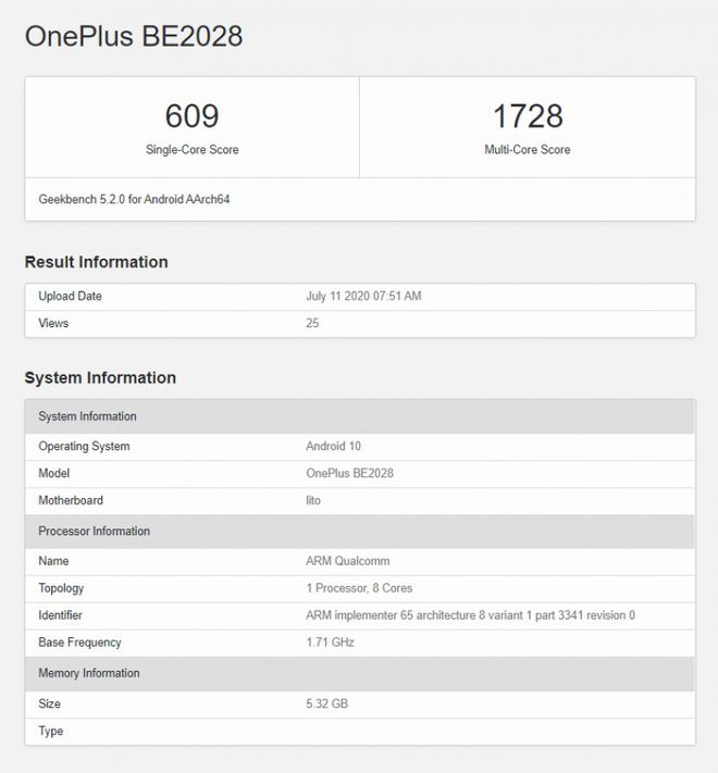 Benchmark do OnePlus BE2028 (Imagem: Reprodução/GeekBench)