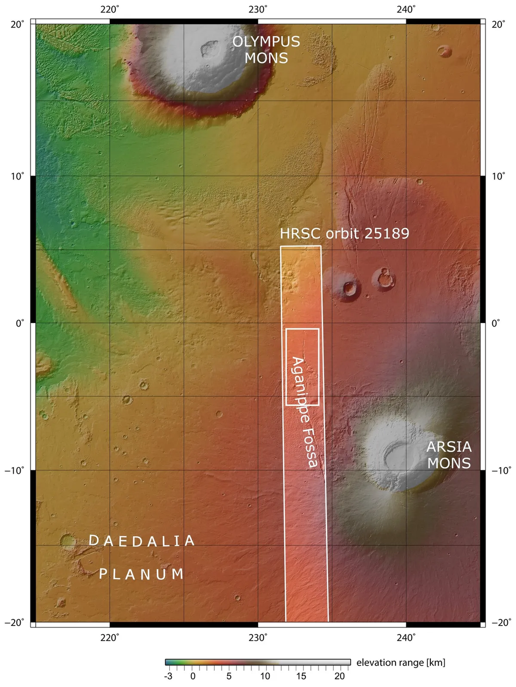 Visualização de Aganippe Fossa em relação aos vulcões Olympus Mons e Asia Mons (Imagem: ReproduçãoNASA/MGS/MOLA Science Team)