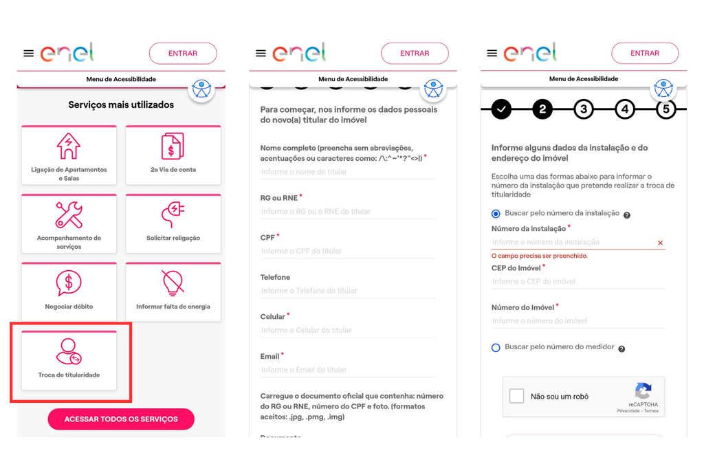 Preencha o formulário para trocar o titular da conta de luz da Enel (Imagem: Captura de tela/André Magalhães/Canaltech)