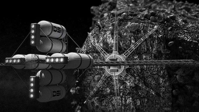 Conceito de uma nave de extração de recursos espaciais em um asteroide (Imagem: Deep Space Industries Harvestor)