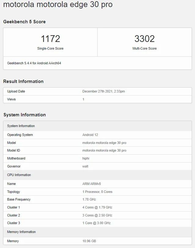 Geekbench confirma Snapdragon 8 Gen 1 e 12 GB de RAM (Imagem: Geekbench Browser)