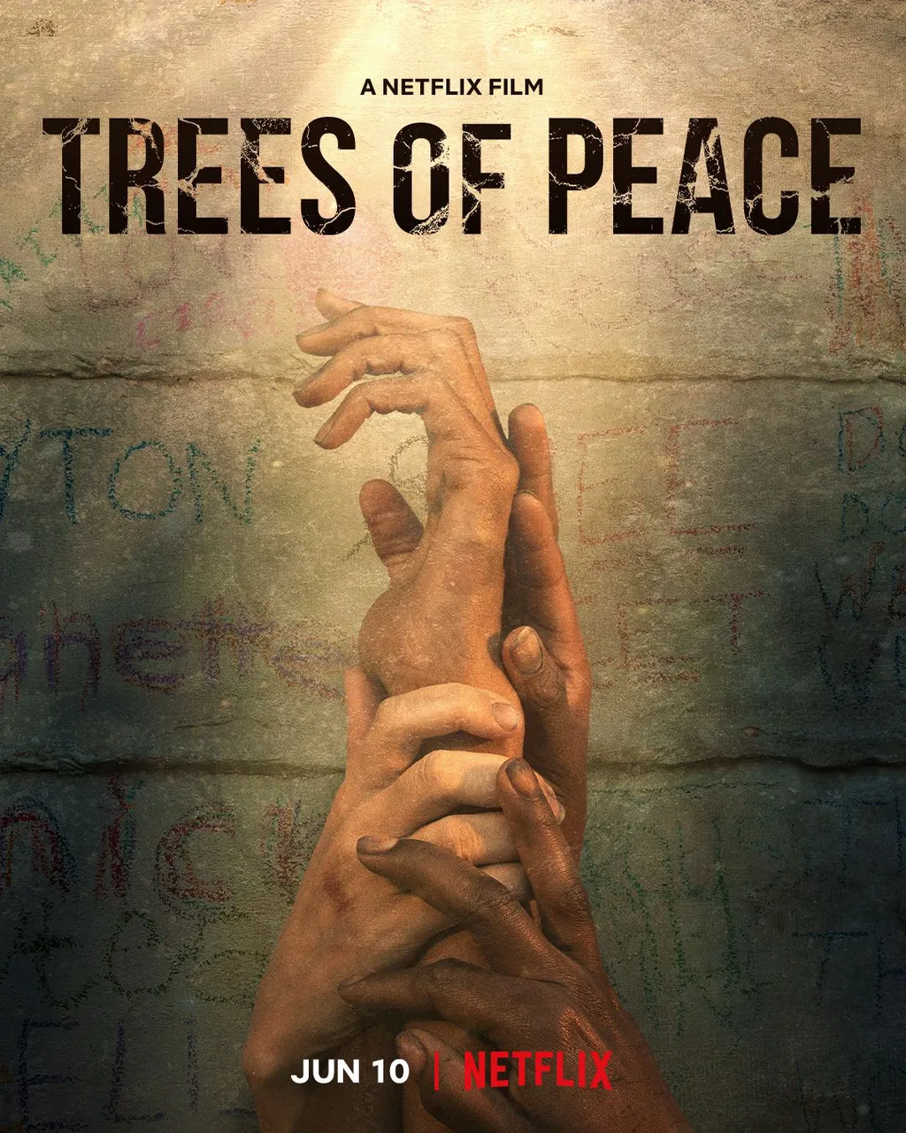 O pôster de Árvores de Paz mostra as mãos das quatro mulheres unidas (Imagem:Reprodução/Netflix)