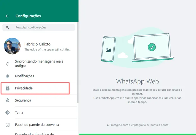 Para tirar o online do WhatsApp, é necessário acessar o menu de privacidade (Imagem: Captura de tela/Fabrício Calixto/Canaltech)