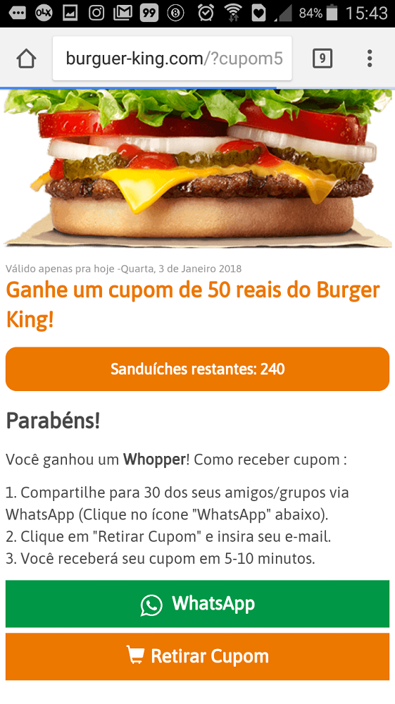 Novo golpe no WhatsApp oferece descontos falsos no Burger King