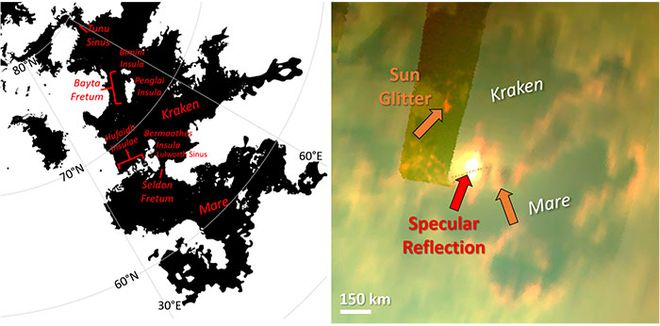 À esquerda, o mapa de Kraken Mare. À direita, as setas indicam o brilho solar (Imagem: M. F. Heslar et al./Planetary Science Journal 2020)