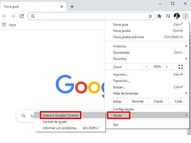 Com o menu aberto, selecione o item "Ajuda" e, em seguida, clique em "Sobre o Google Chrome" (Captura de tela: Matheus Bigogno)