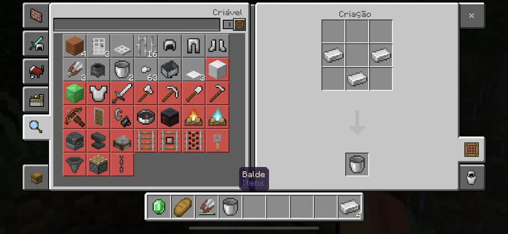 Utilize três barras de ferro para criar um balde no Minecraft (Captura de tela: Canaltech/Felipe Freitas)