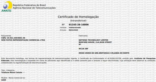 Certificado de homologação Anatel - Nothing Phone (4a)