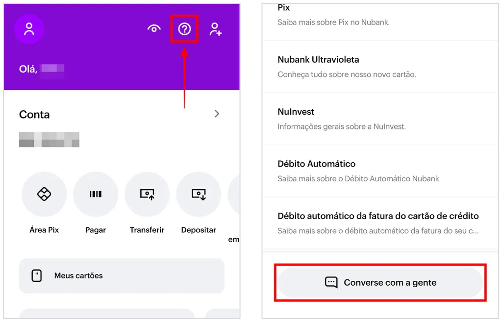 Chat no app é uma das opções para desbloquear cartão Nubank por erro de senha (Captura de tela: Caio Carvalho)