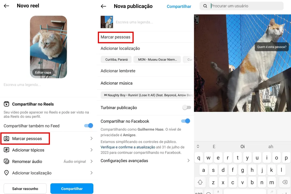 Opção de marcar pessoas antes de compartilhar fotos e vídeos no Instagram (Imagem: Captura de tela/Guilherme Haas/Canaltech)