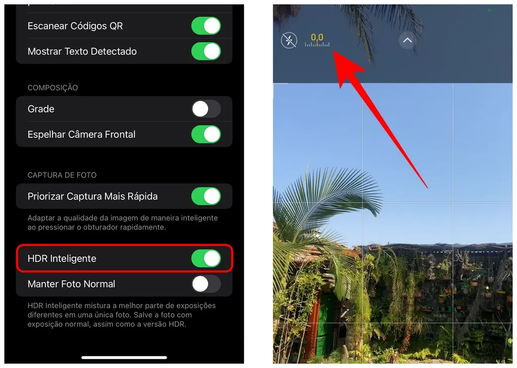 Ative o HDR Inteligente e controle a exposição do obturador da câmera no iPhone para tirar melhor foto da Lua (Imagem: Thiago Furquim)