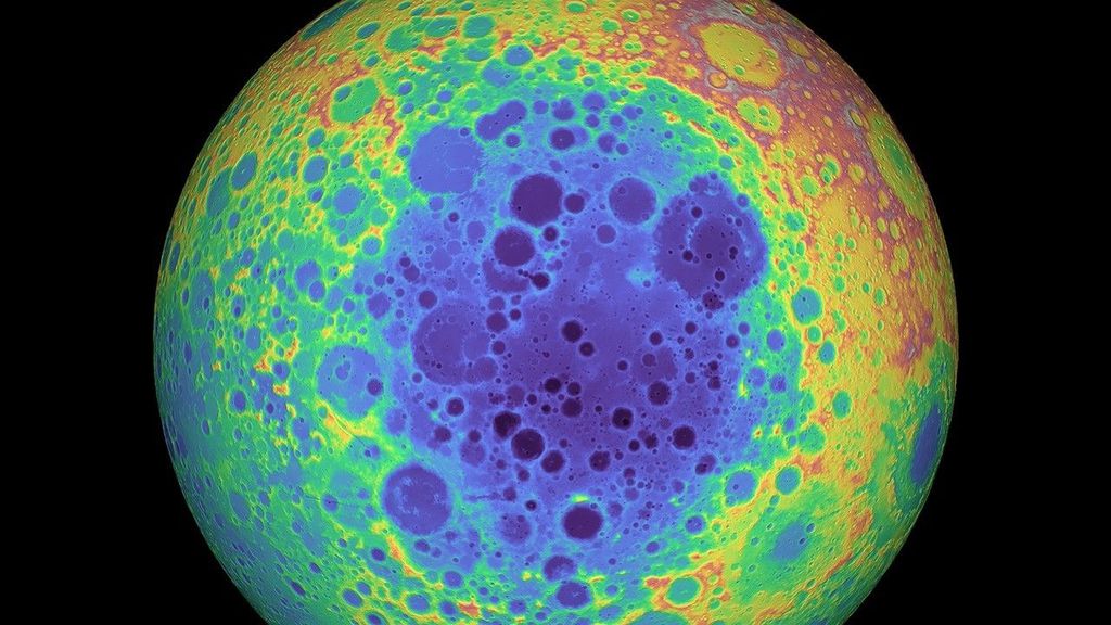 A Bacia Polo Sul-Aitken, em mapa de elevação lunar — em azul e roxo, vê-se a maior e mais antiga bacia de impacto do astro, de onde vazou magma (Imagem: NASA/GSFC/University of Arizona)