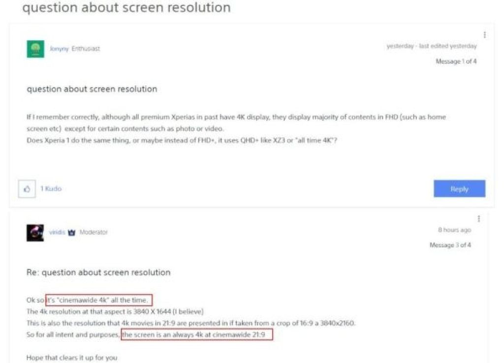 Sony respondeu a questionamento de usuário em fórum oficial, confirmando que Xperia 1 rodará em 4K a todo o tempo (Imagem: Reprodução/GSMArena)