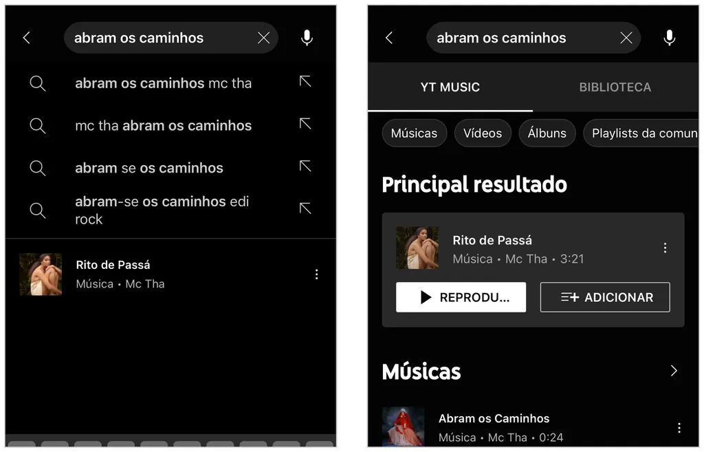 Busca inteligente baseada na pesquisa do Google é recurso do YouTube Music (Captura de tela: Caio Carvalho)