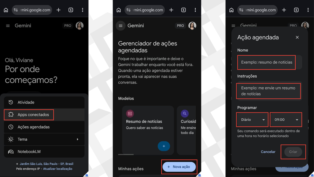 Passos para criar ações agendadas no Gemini