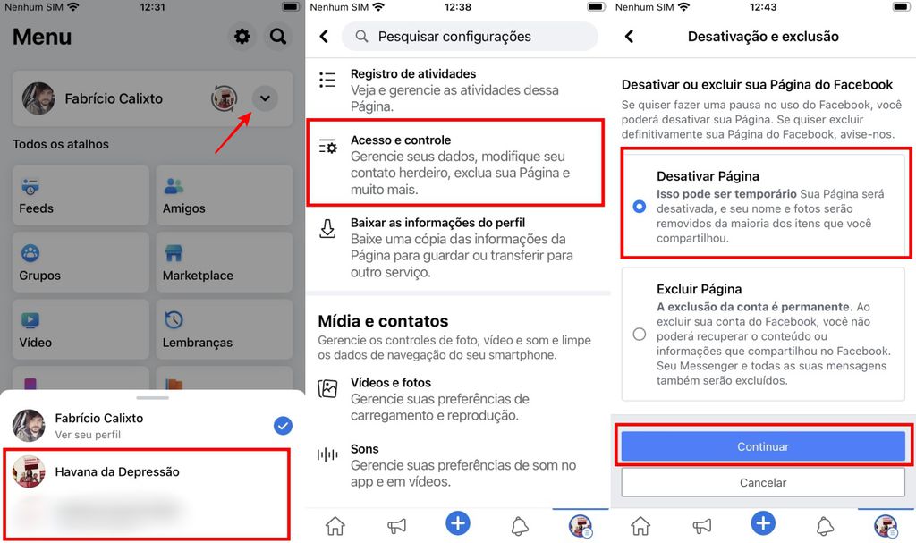 O app do Facebook para celular permite desativar páginas (Imagem: Captura de tela/Fabrício Calixto/Canaltech)