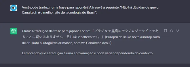 O ChatGPT pode traduzir frases e até textos maiores de maneira aprimorada (Imagem: Alveni Lisboa/Canaltech)
