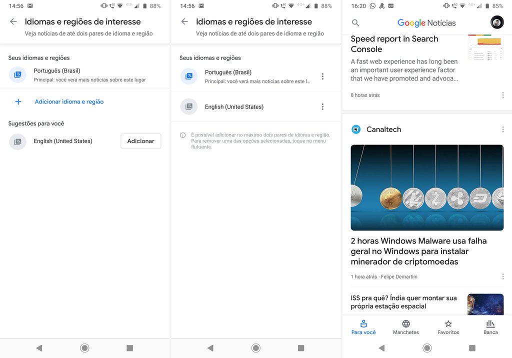 Google Notícias permite o uso de até dois idiomas no app (Capturas de tela: Felipe Junqueira)
