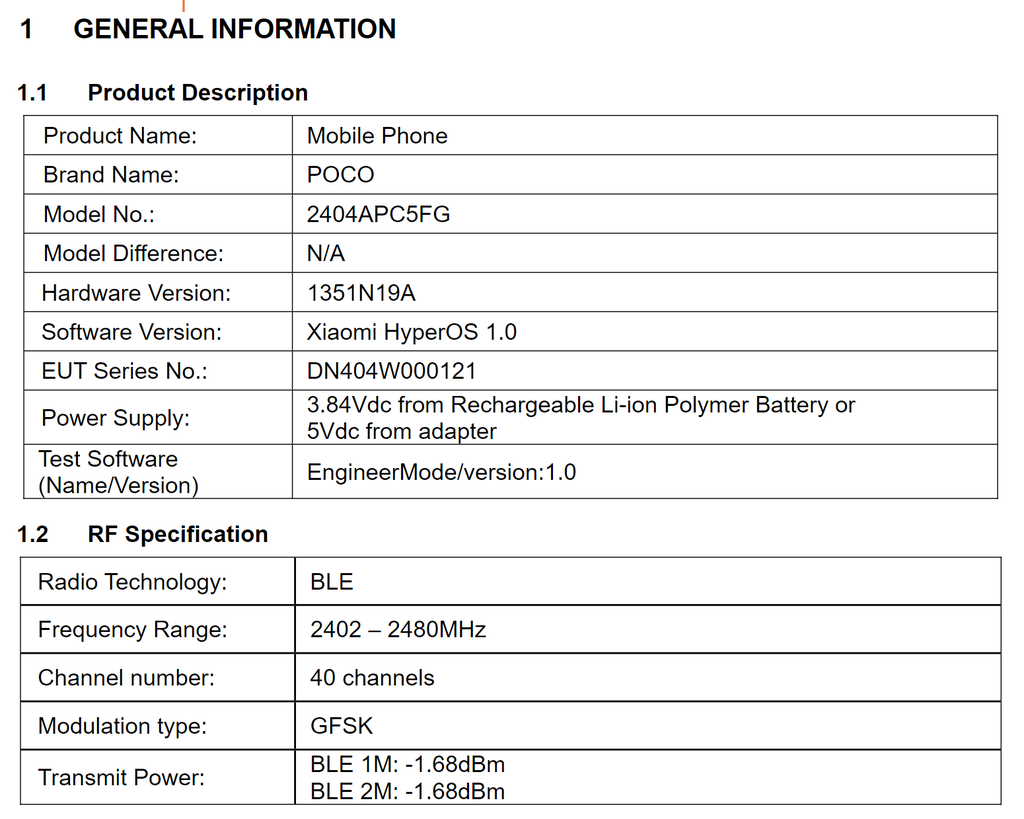 O POCO M6 4G voltou a aparecer em certificações, desta vez nos EUA e Tailândia, com indicações da presença de bateria de 5.000 mAh, recarga de 33 W e Android 14 com HyperOS (Imagem: Reprodução/FCC)