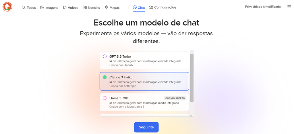Chat AI do DuckDuckGo permite escolher diferentes modelos de linguagem (Imagem: Captura de tela/Guilherme Haas/Canaltech)