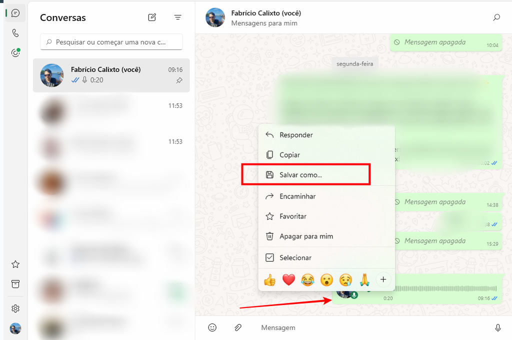 É possível salvar áudios de uma conversa no WhatsApp para Windows (Imagem: Captura de tela/Fabrício Calixto/Canaltech)