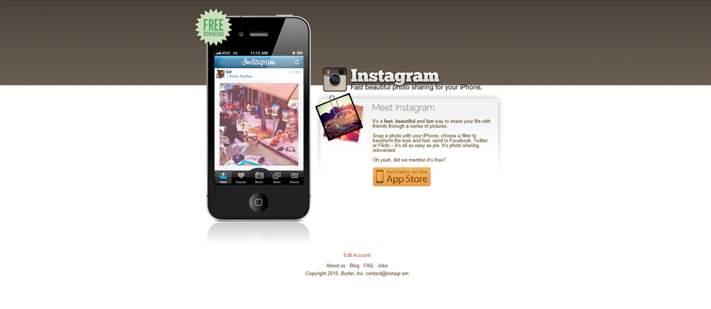 Primeira versão do site do Instagram, lançado em 2010 (Imagem: Reprodução/Internet Archive)