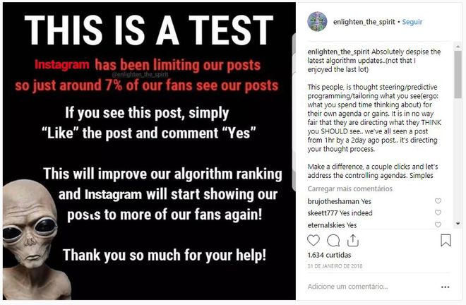 Postagem viral no Instagram que acusa a rede de não mostrar as publicações para todos os usuários (Captura: Rafael Rodrigues/Canaltech)