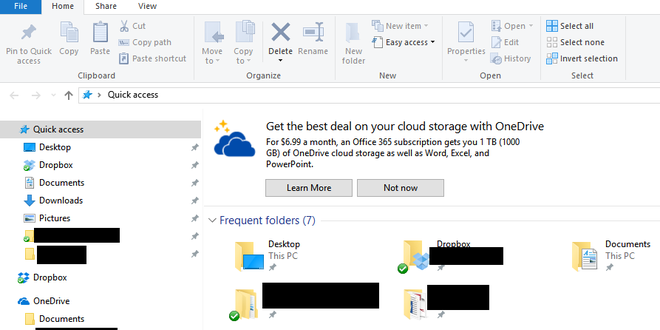 Propagandas estão começando a surgir no Explorador de Arquivos do Windows 10 oferecendo, aparentemente, assinaturas dos mais diversos tipos de produtos da Microsoft. Na imagem, oferta do OneDrive que apareceu para um usuário do Reddit