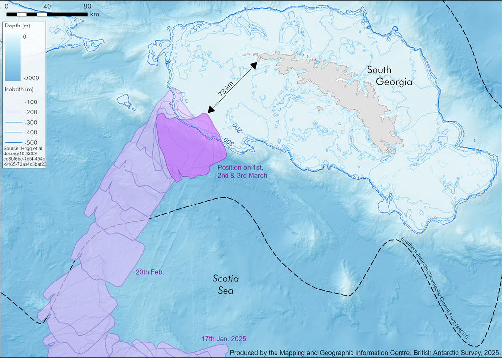 A rota do iceberg desde 17 de janeiro de 2025, até encalhar na Geórgia do Sul no dia 1º de março (Imagem: Mapping & Geographic Information Centre/British Antarctic Survey)