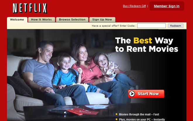 O site da Netflix ficou mais simplificado e com destaque em vermelho (Imagem: Reprodução/Web Design Museum)