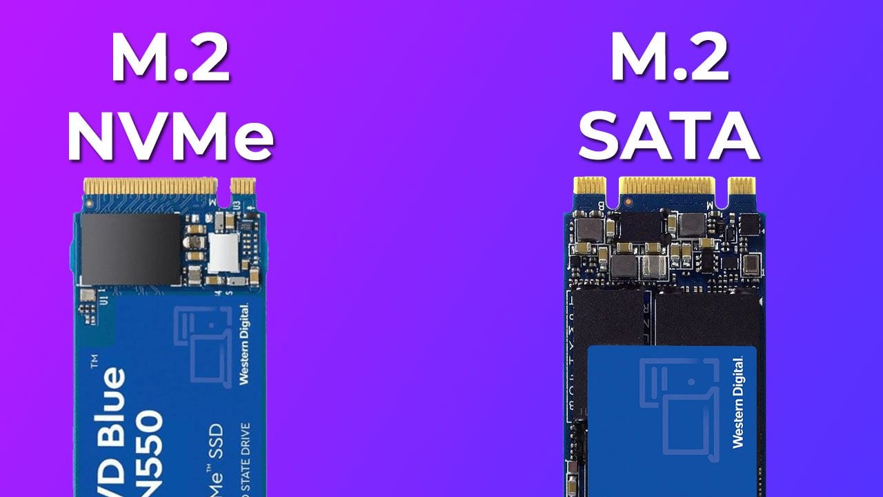 Diagrama mostrando as diferenças entre conectores NVMe e SATA em SSDs M.2