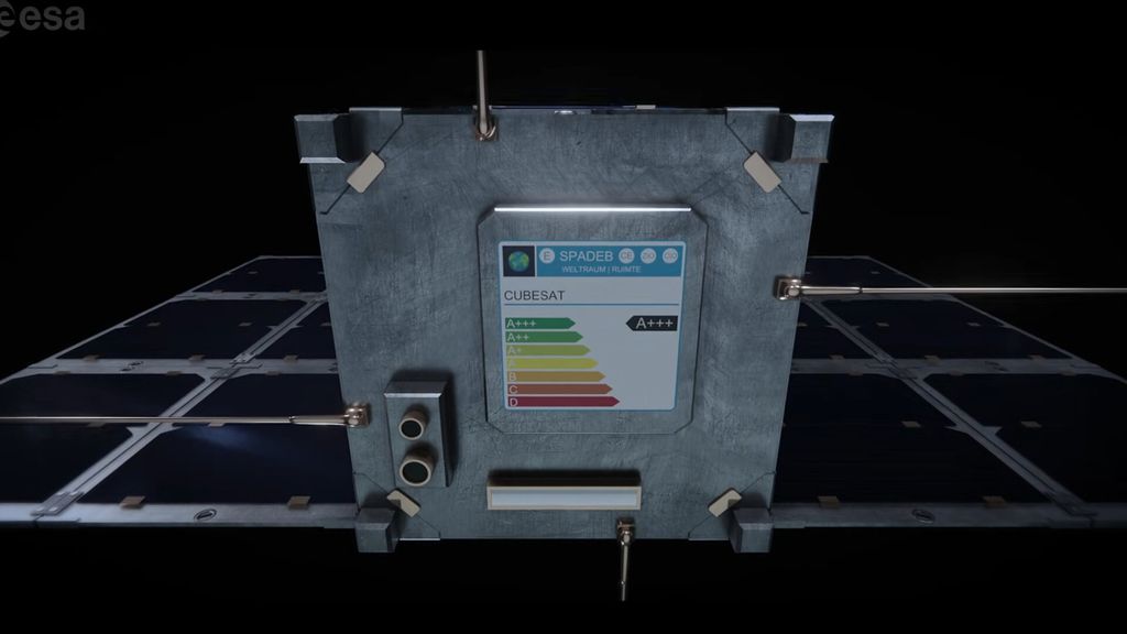 Concepção artística de um CubeSat com o rótulo de sustentabilidade da inciativa SSR (Imagem: Reprodução/ESA)
