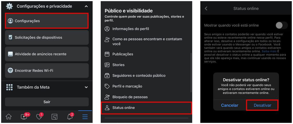 App do Facebook para celular também tem recurso para tirar o online da plataforma (Captura de tela: Caio Carvalho)