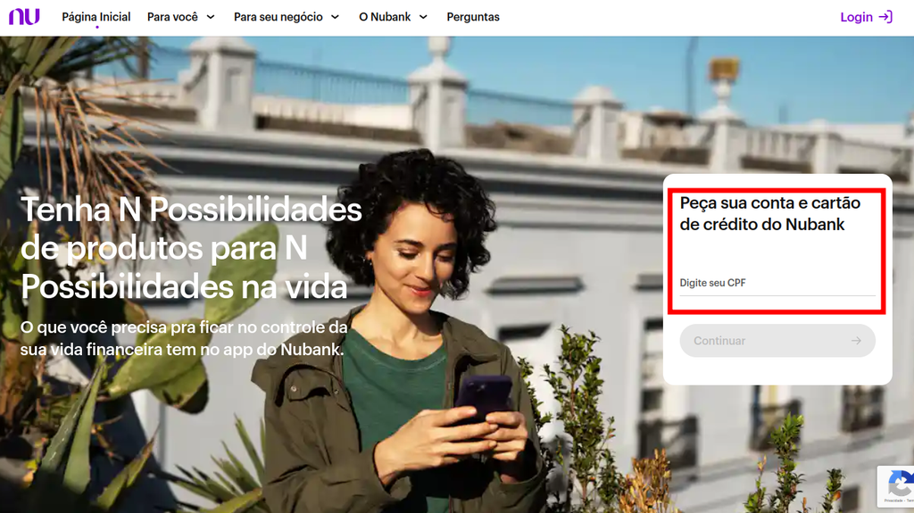 Como abrir conta no Nubank: site da fintech tem botão dedicado para abrir solicitação (Imagem: Captura de tela/Douglas Ciriaco/Canaltech)