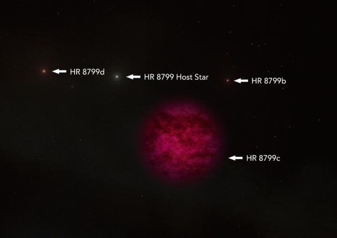 Este é o HR 8799c, ao lado de seus companheiros de sistema estelar (Imagem: W. M. KECK OBSERVATORY/ADAM MAKARENKO/C. ALVAREZ)  