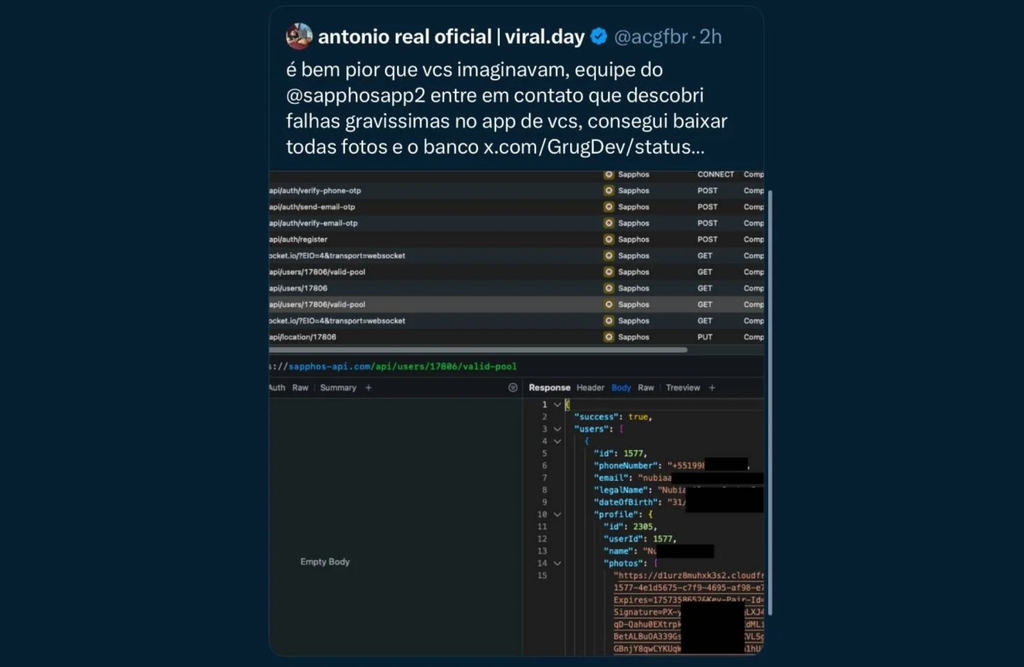 Tweet do usuário @acgfbr mostrando a falha de segurança do app Saphos —  através da tela de cadastro, era possível acessar dados de todas as usuárias (Imagem: acgfbr/X/Reprodução)