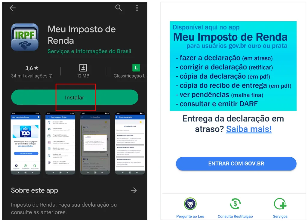 Baixe o aplicativo do IRPF 2023 no Android (Imagem: Captura de tela/André Magalhães/Canaltech)