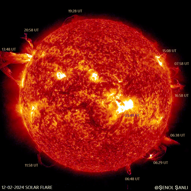 Todas as erupções solares do dia 12 de fevereiro sobrepostas em uma única imagem (Imagem: Reprodução/NASA/SDO/AIA/Senol Sanli