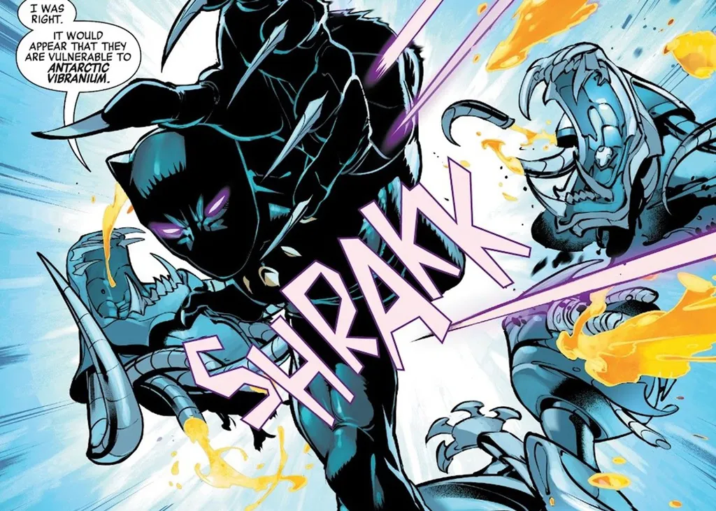 Vibranium Antártico do Pantera Negra é raro e pode cortar até adamantium (Imagem: Reprodução/Marvel Comics)