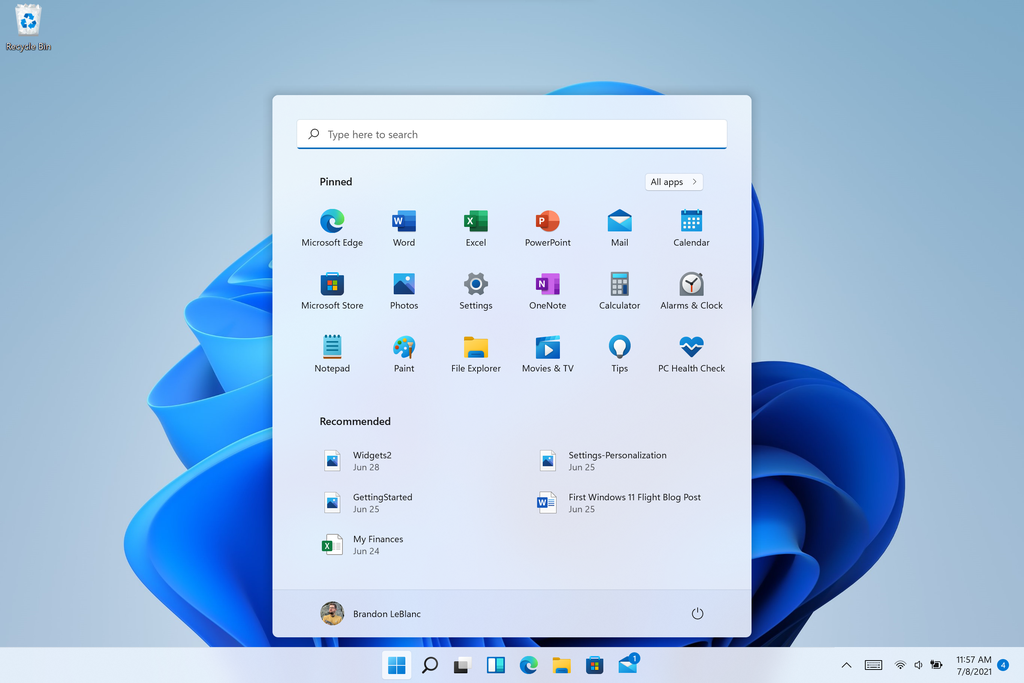 O Windows 11 renova mais uma vez o Menu Iniciar e retrabalha o visual do Windows com cantos arredondados, tons mais claros e efeito de transparência (Imagem: Divulgação/Microsoft)