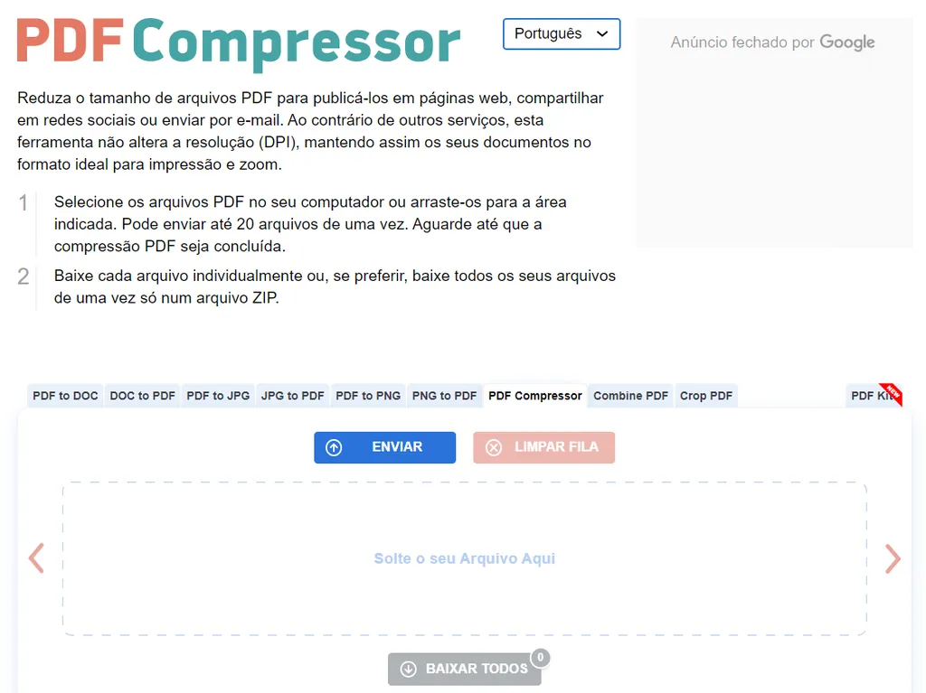 PDF Compressor permite compactar até 20 arquivos PDFs simultaneamente