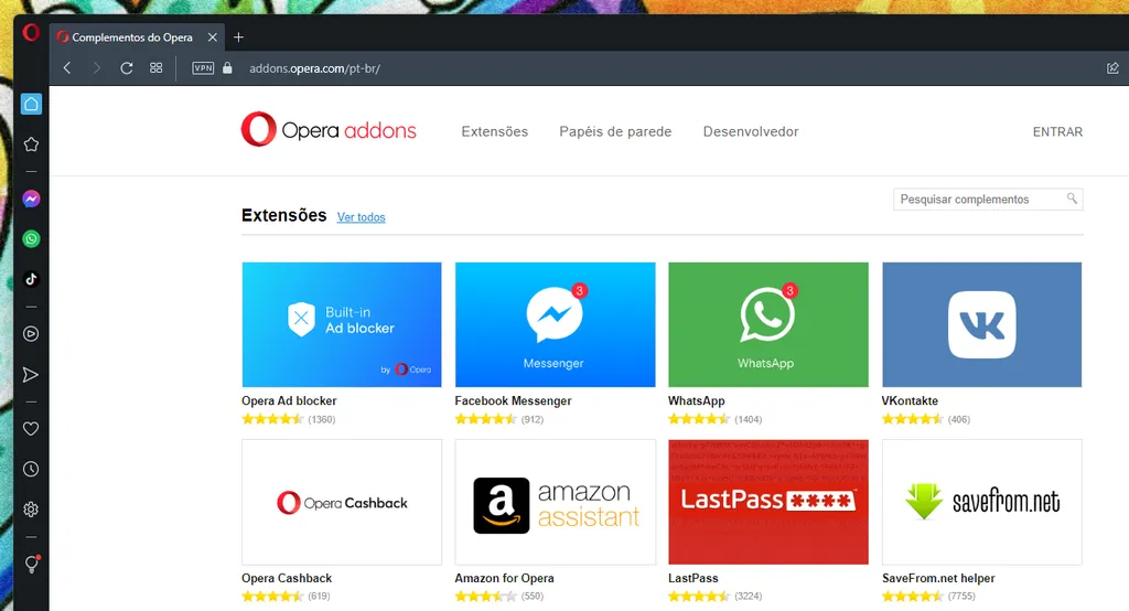A loja Opera Addons tem menos opções que a Chrome Web Store (Imagem: Igor Almenara/Canaltech)